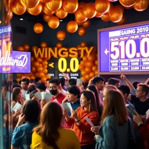 Lottery players at a booth, excited over high Powerball jackpot