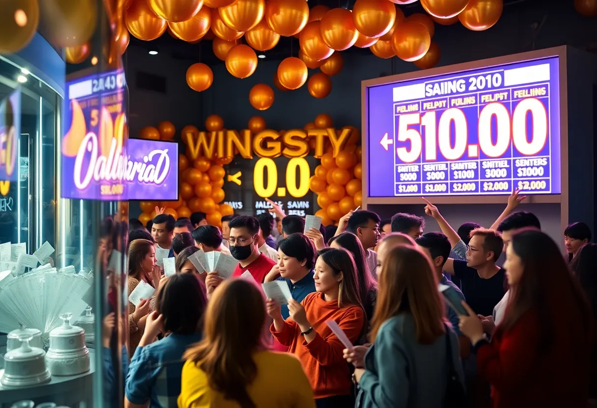 Lottery players at a booth, excited over high Powerball jackpot