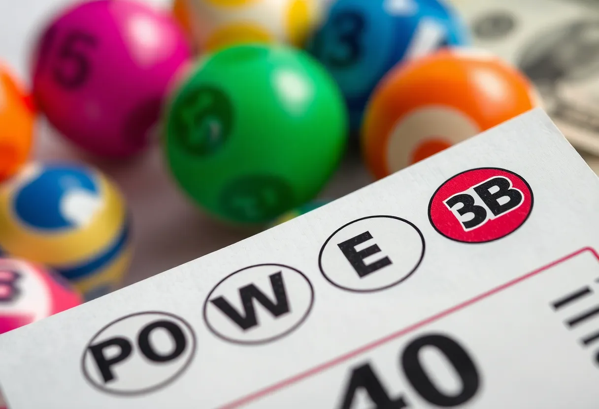 Powerball ticket on a table with lottery balls and cash