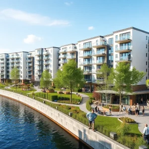 Modern Riverside Village apartment complex with green spaces