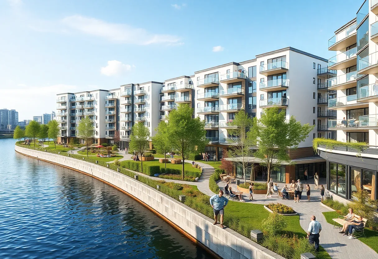 Modern Riverside Village apartment complex with green spaces