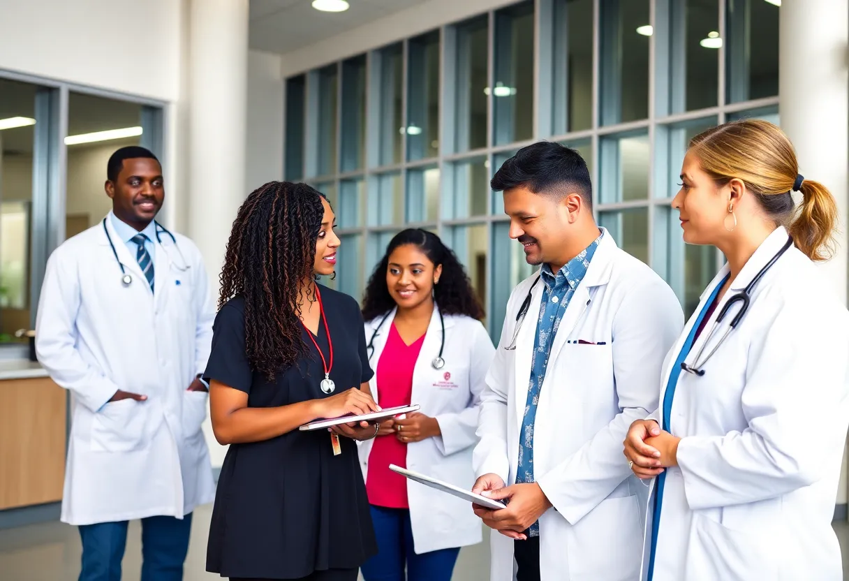 Interior view of a medical training facility in Savannah with diverse healthcare professionals.