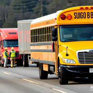 Scene of a school bus and tractor-trailer collision with emergency responders