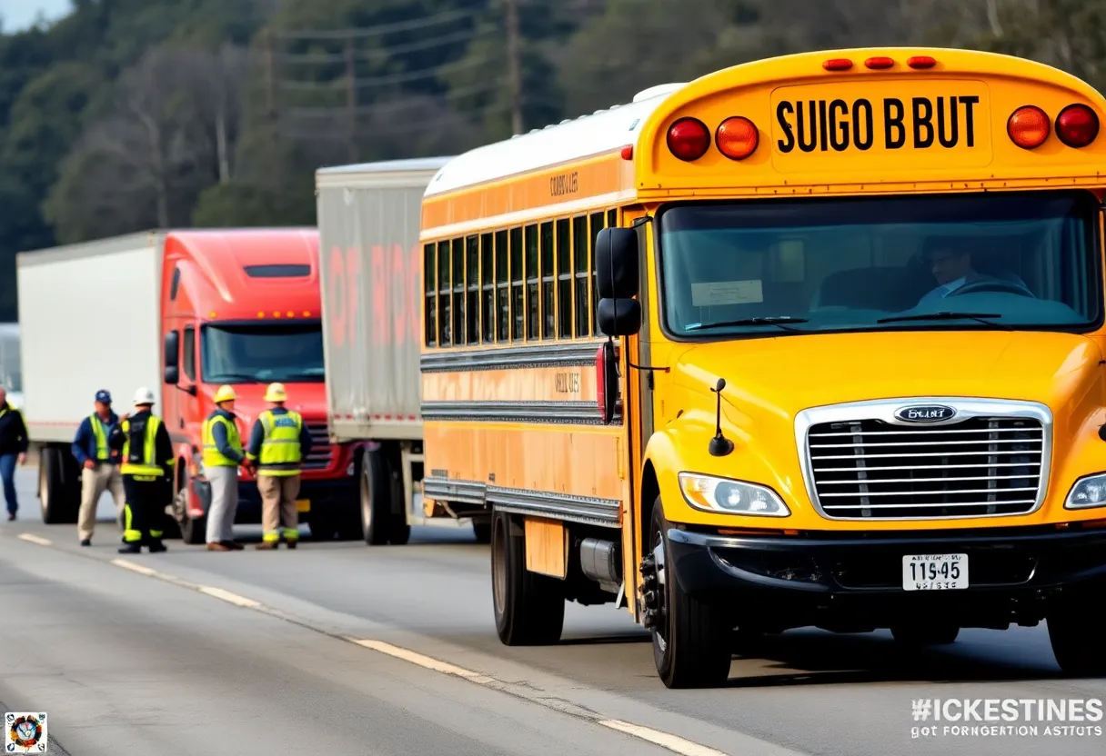 Scene of a school bus and tractor-trailer collision with emergency responders