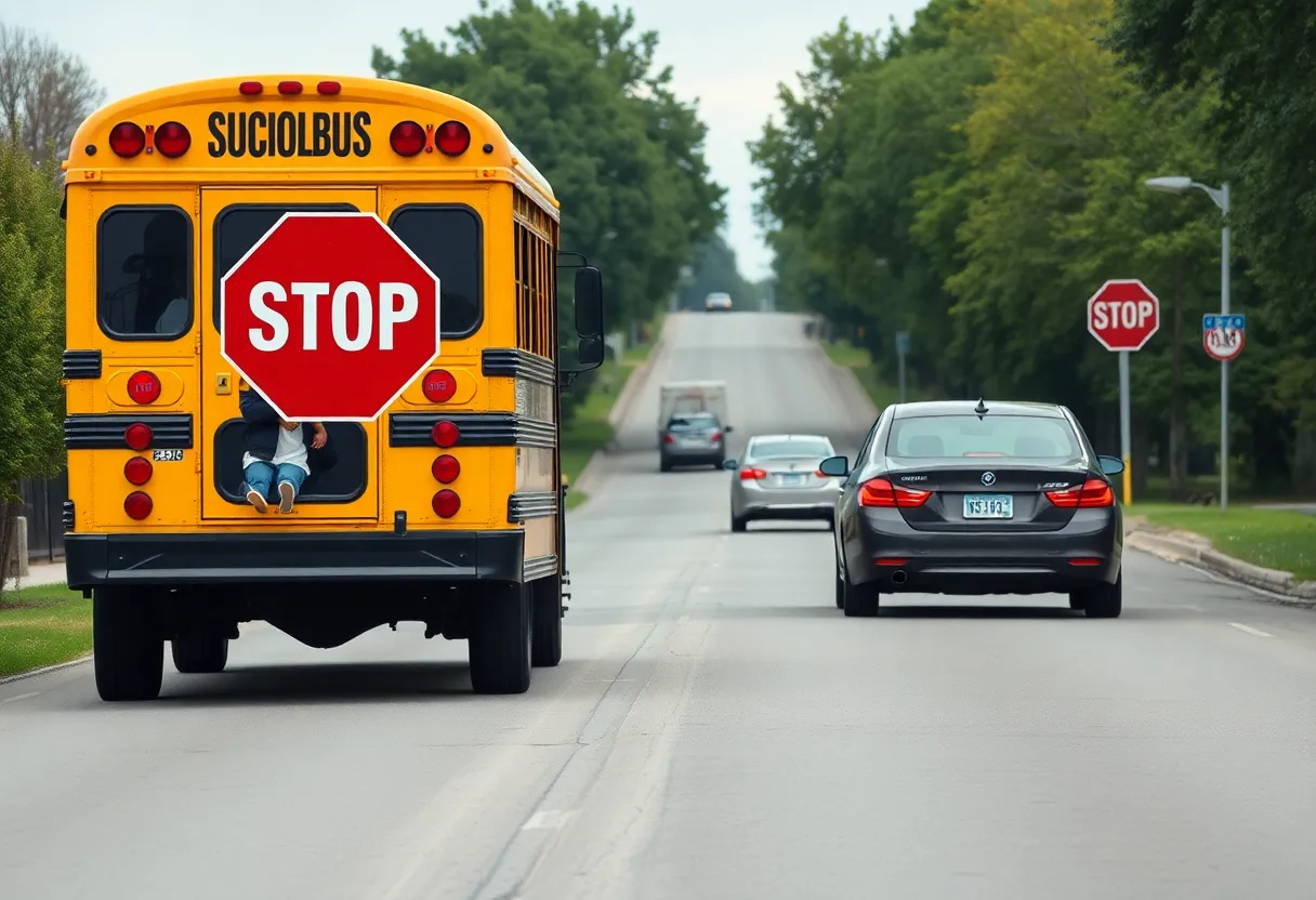 Stopped school bus with extended stop sign and children boarding