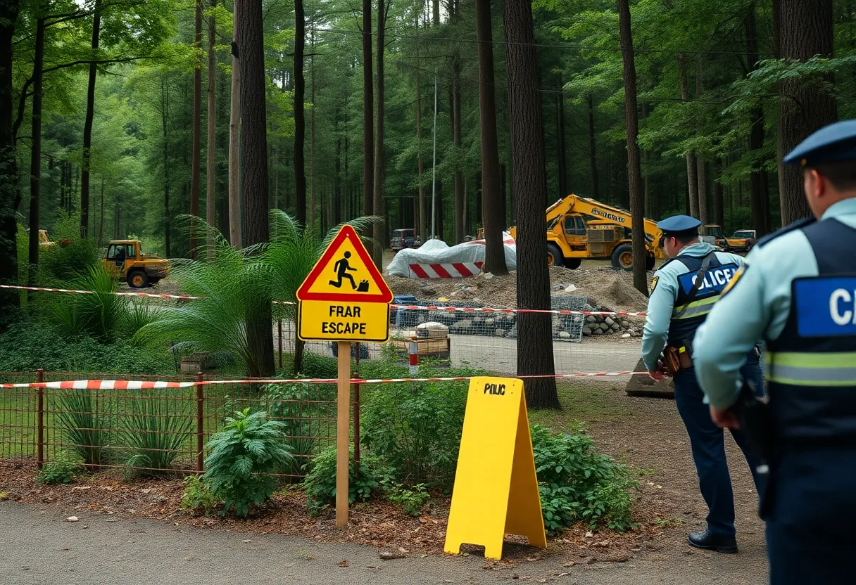 Police searching a wooded area for an escaped convict
