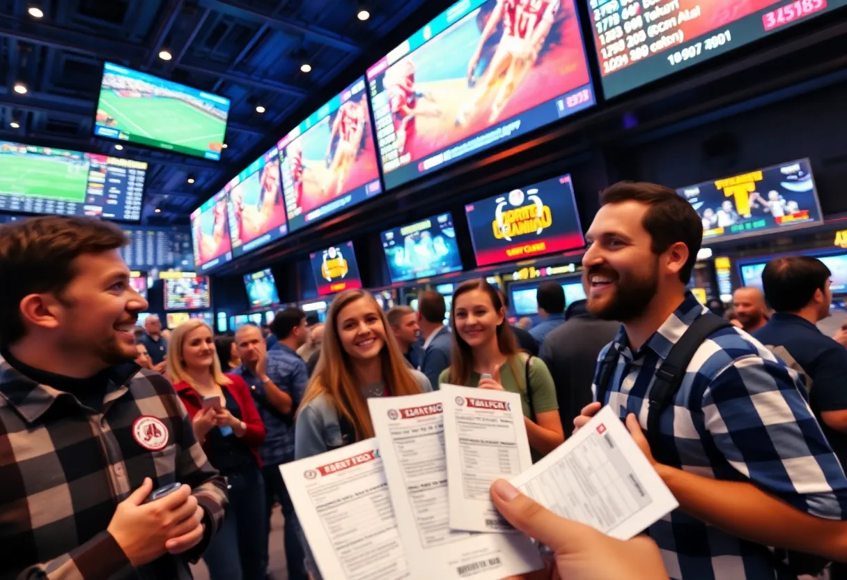 A vibrant sports betting environment in Georgia, filled with fans and screens.
