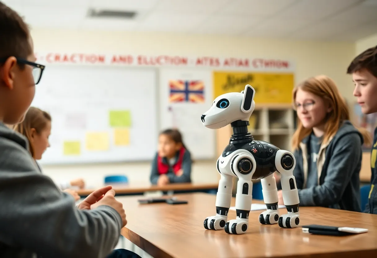 Middle school students interacting with a robotic dog and AI technology.