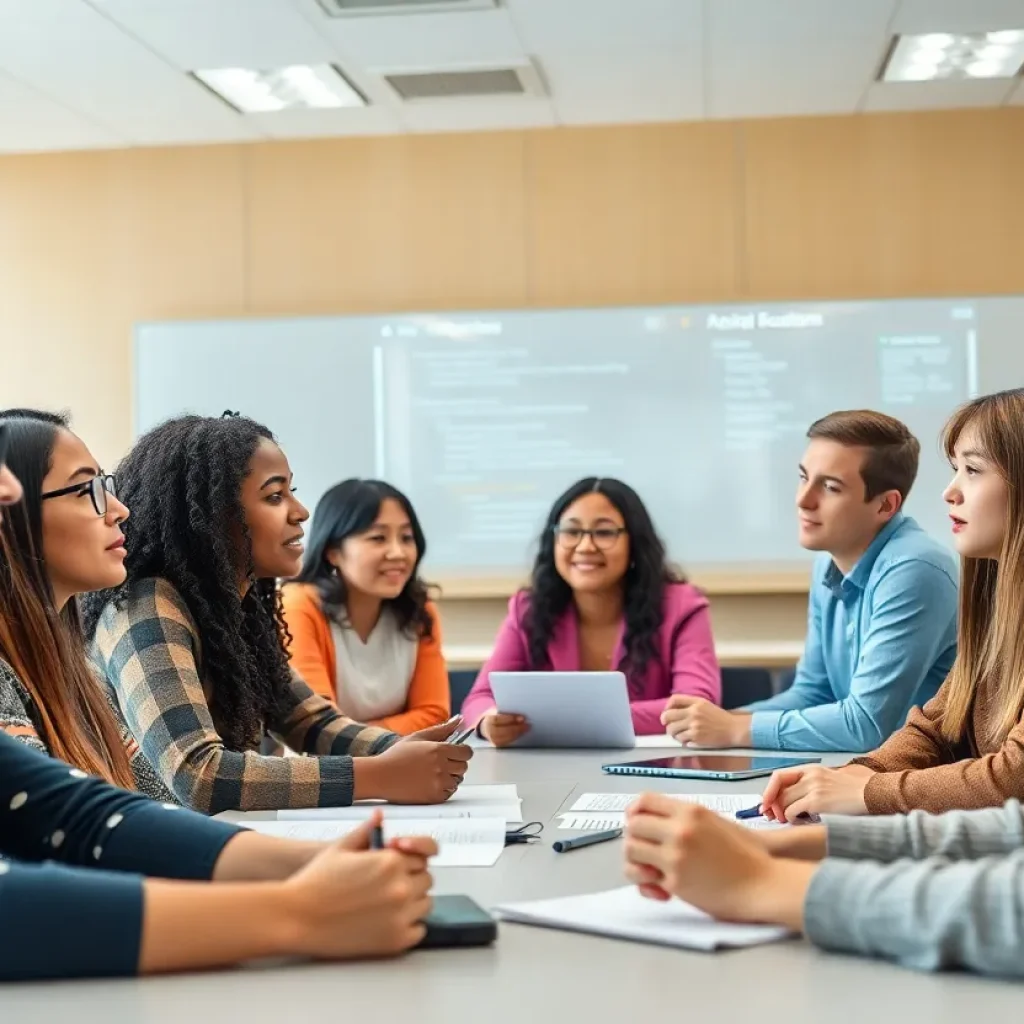 Students in a classroom with technology emphasizing AI integration
