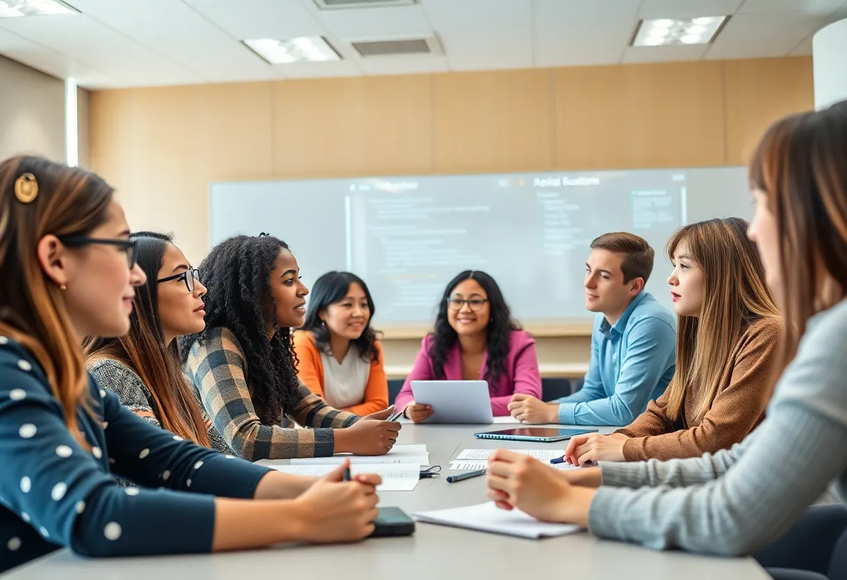 Students in a classroom with technology emphasizing AI integration