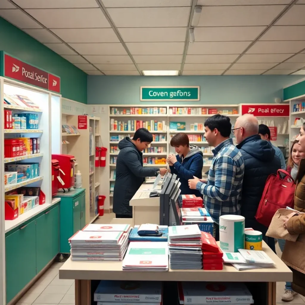 Community interacting at Surrey Center Pharmacy postal service counter