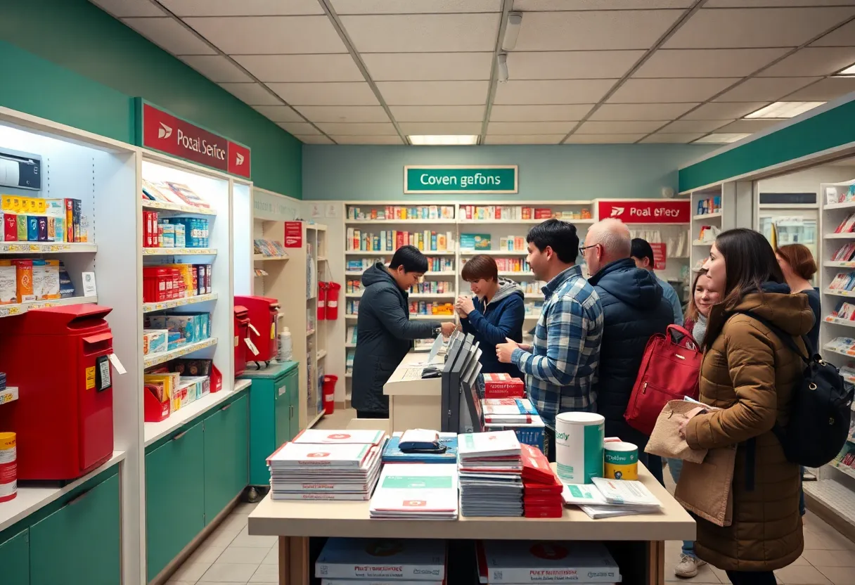 Community interacting at Surrey Center Pharmacy postal service counter