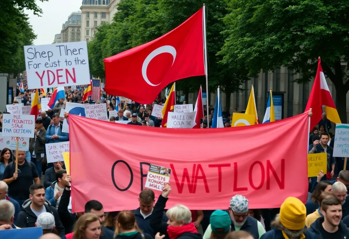 Demonstrators holding signs during a protest in Tbilisi