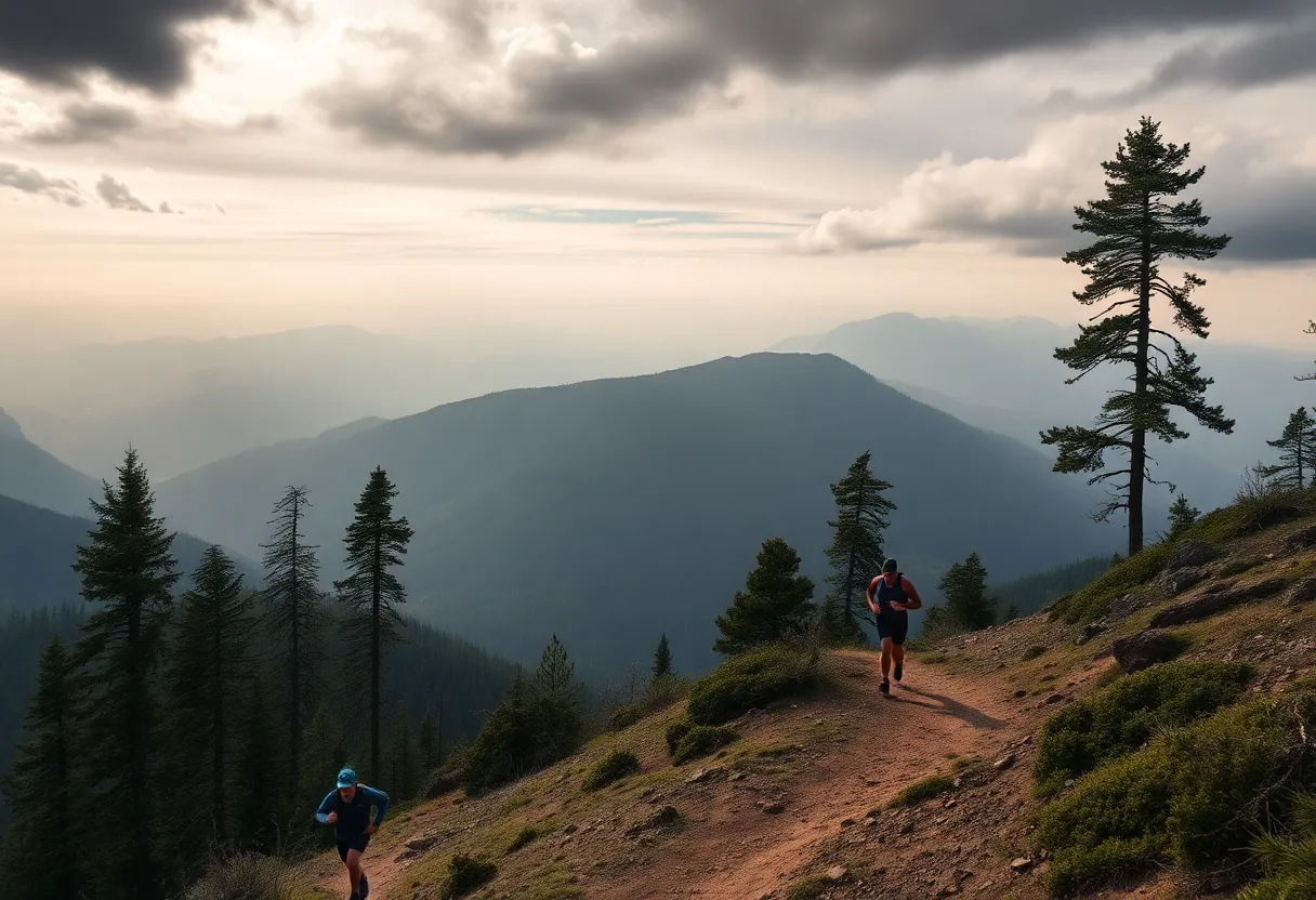 Runners competing on a challenging mountain trail during an ultrarunning race.