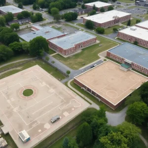 Aerial image of vacant school properties with playgrounds