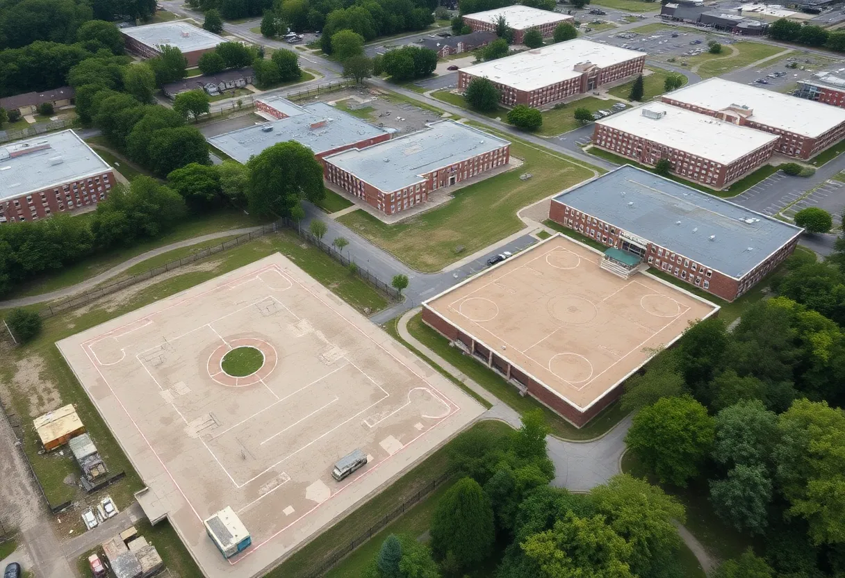 Aerial image of vacant school properties with playgrounds
