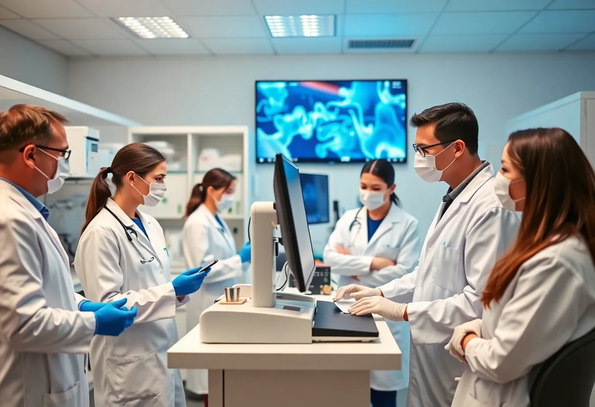 Digital pathology laboratory workers collaborating on diagnostic analysis