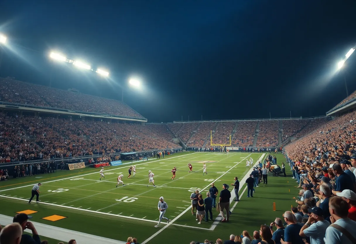 Fans cheering at a football stadium during a night game