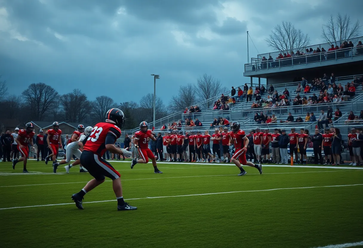Players from Westside Patriots and Aquinas Irish during a football game.