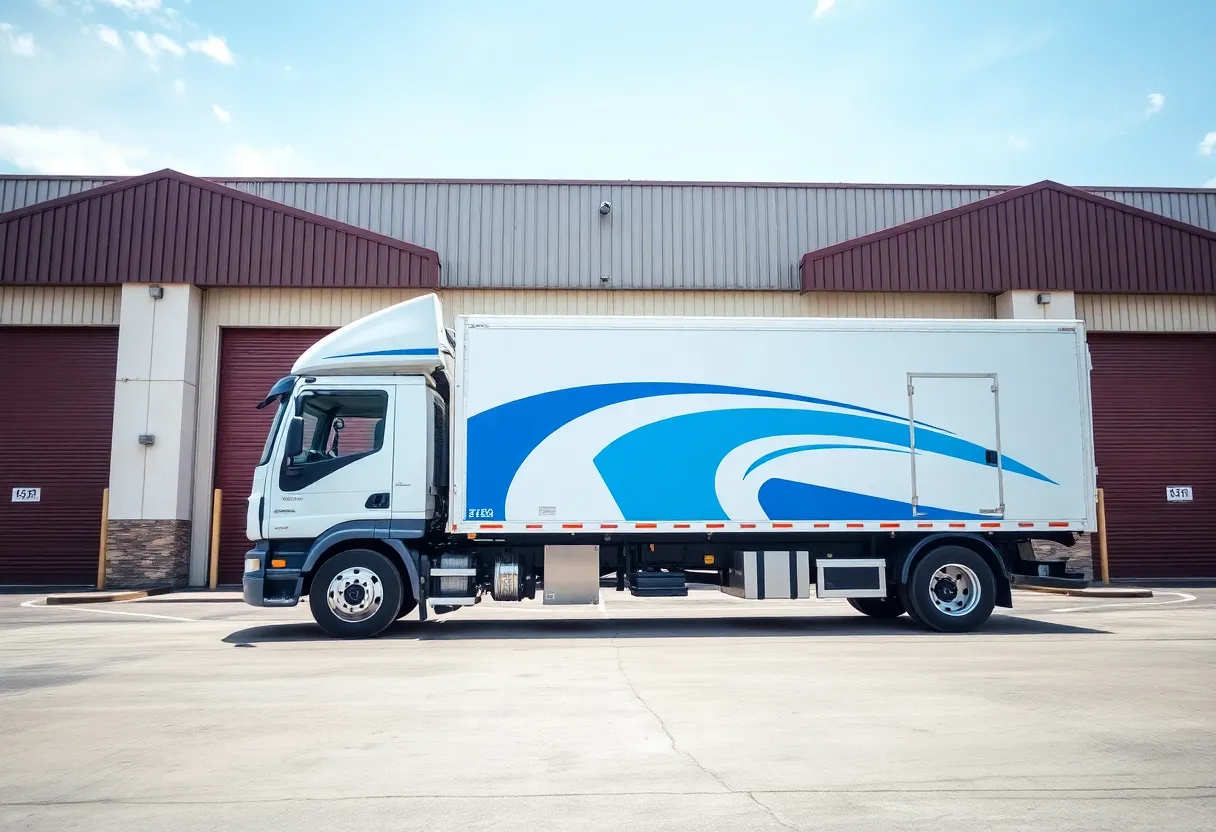 Moving truck of Wirks Moving and Storage outside their warehouse facility.