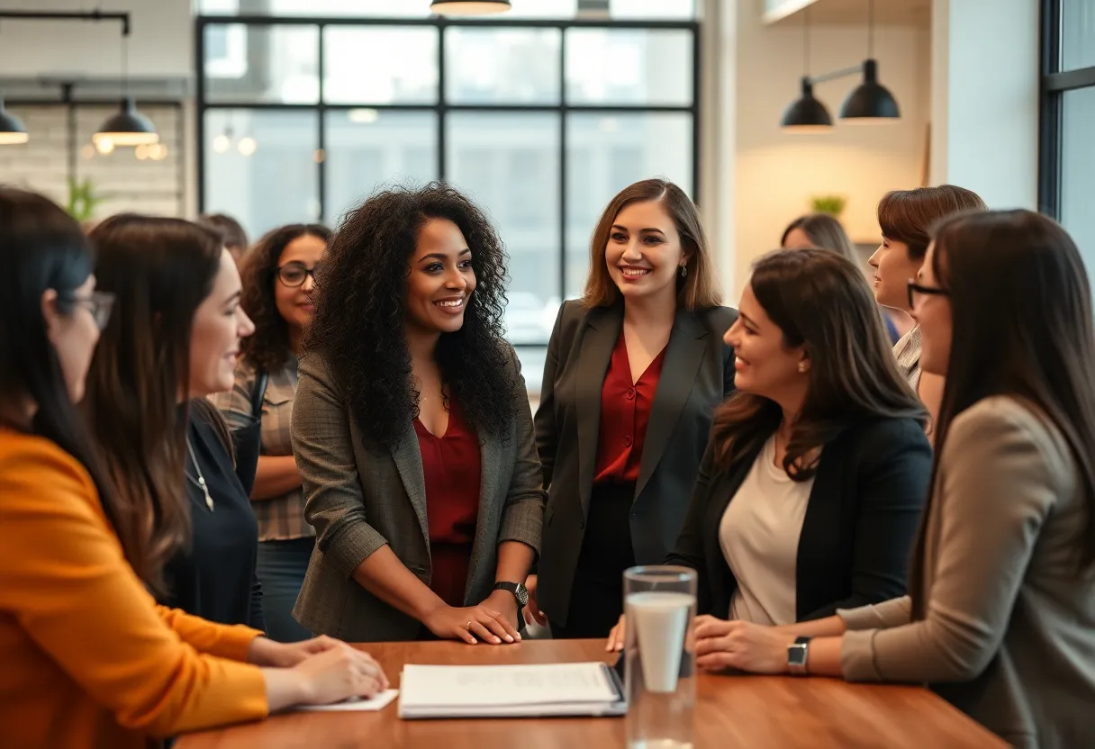 Women entrepreneurs networking in a coworking space