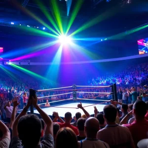 Crowd enjoying a WWE NXT live wrestling event with colorful lights and ring.