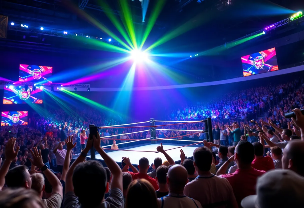 Crowd enjoying a WWE NXT live wrestling event with colorful lights and ring.