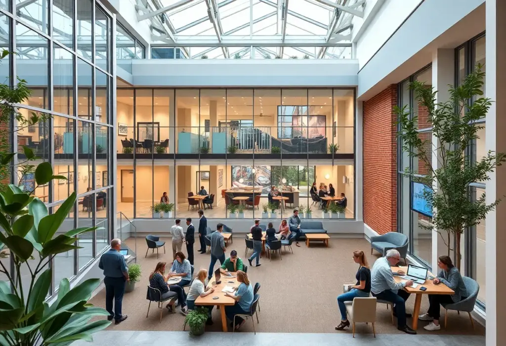 Photo of the grand opening event at the Accelerate Augusta Business Center with community members engaging.