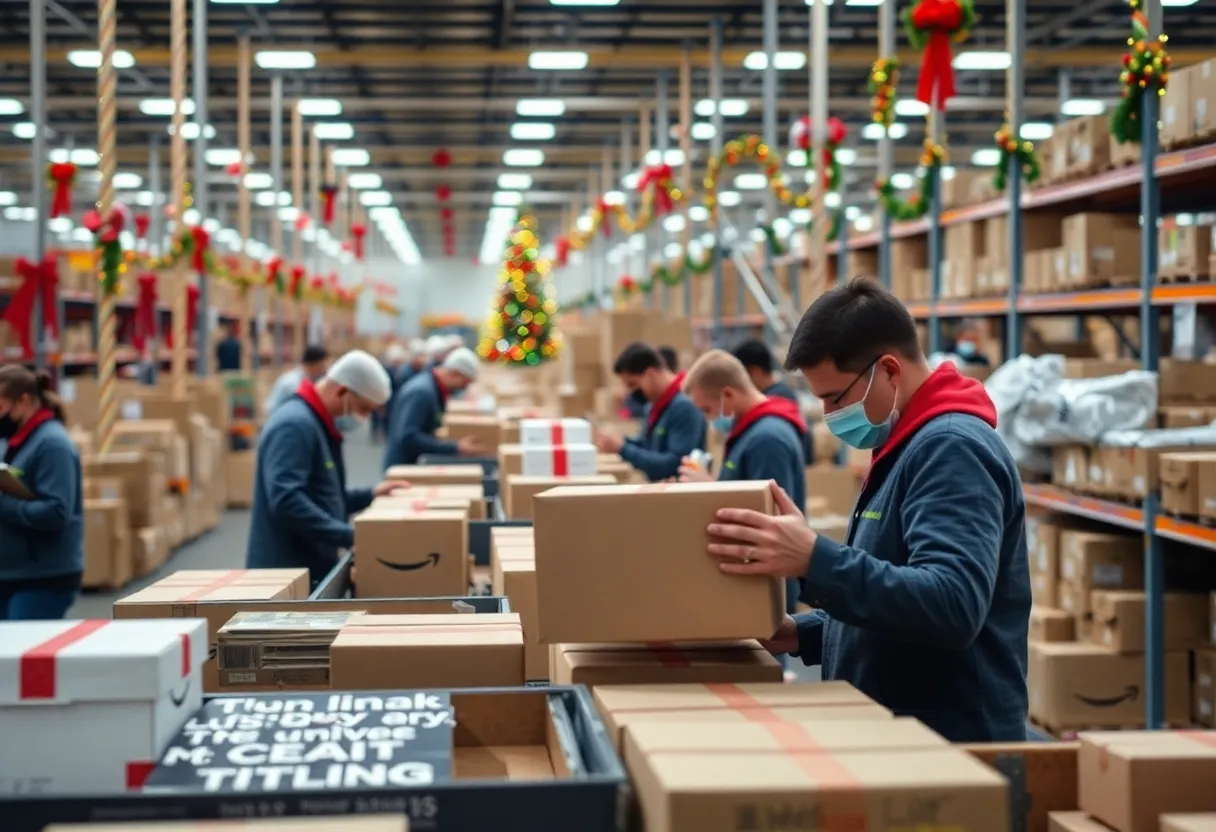 Amazon seasonal workers sorting packages at a fulfillment center