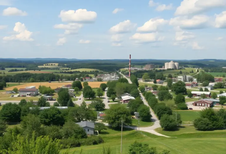 A view of Appling, Georgia, balancing nature and the looming presence of industrial development.
