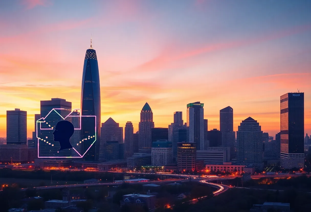 City skyline of Atlanta with fintech and AI symbols.