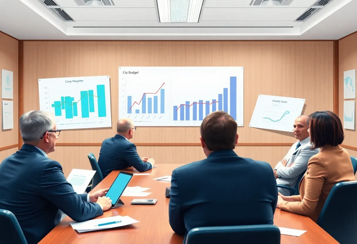 City leaders discussing Augusta's budget crisis in a conference room.