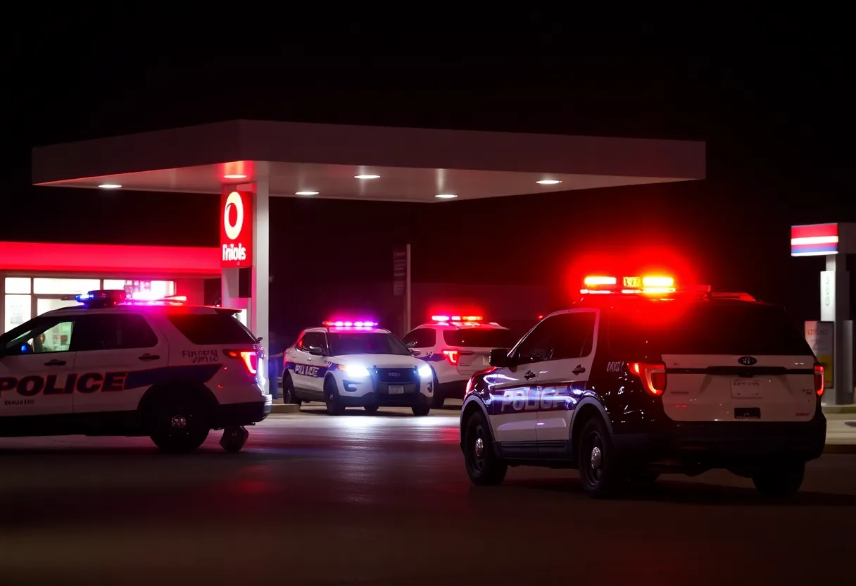 Police vehicles responding to a late-night incident at a gas station