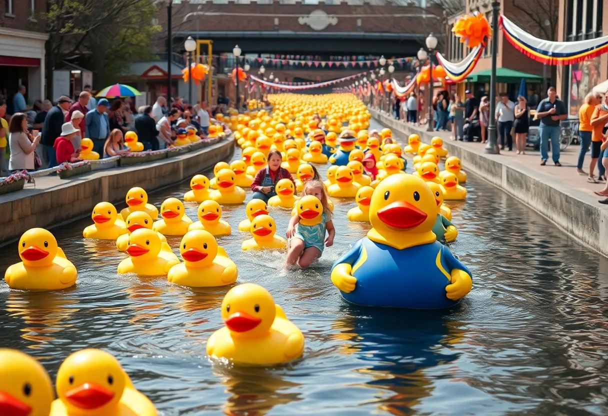 Families gathered at the Augusta Duck Dash festival with rubber ducks and fair activities.