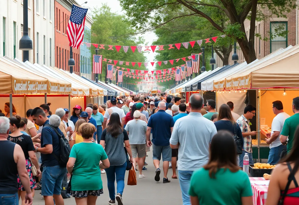 Crowd enjoying a festival in Augusta with food trucks and activities.