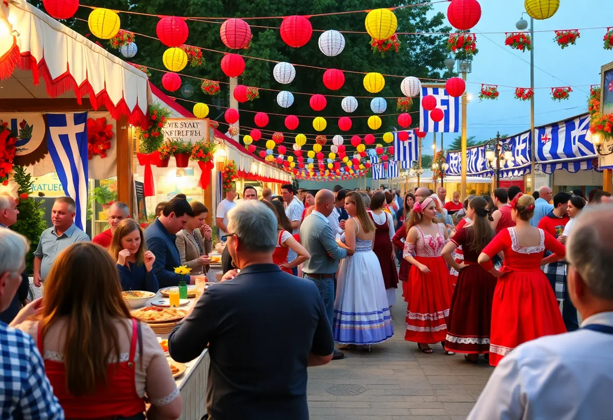 Participants enjoying food and traditional dancing at the Augusta Greek Festival.