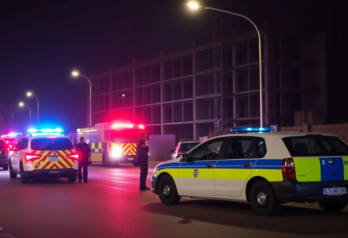 Police officers responding to a gunfire incident at a construction site.