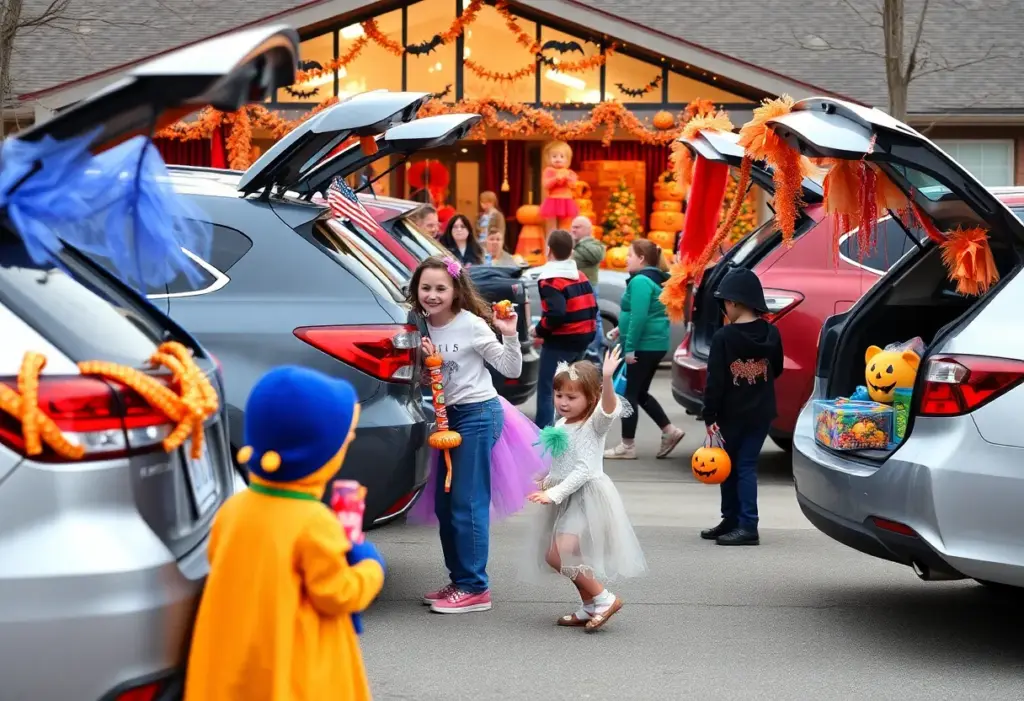 Children collecting candy at a trunk-or-treat Halloween event in Augusta