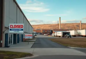 Augusta Sportswear manufacturing facility with closure signs