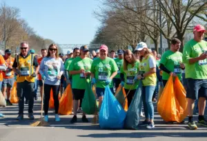 Volunteers from Augusta University Athletics at a community event during a race.