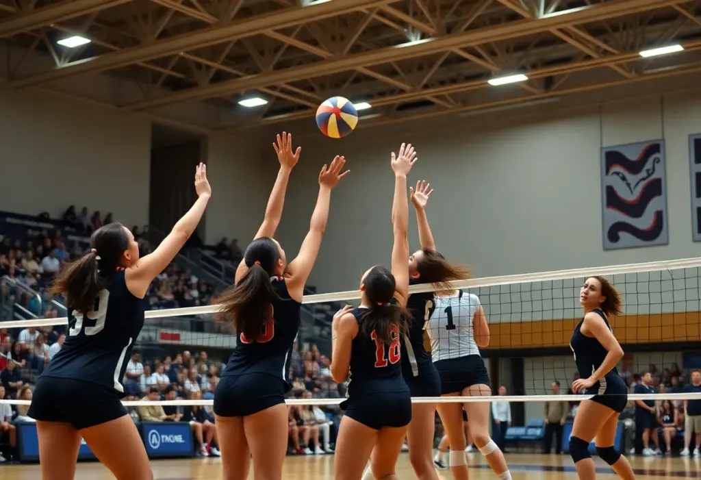 Augusta University volleyball players in a competitive match.