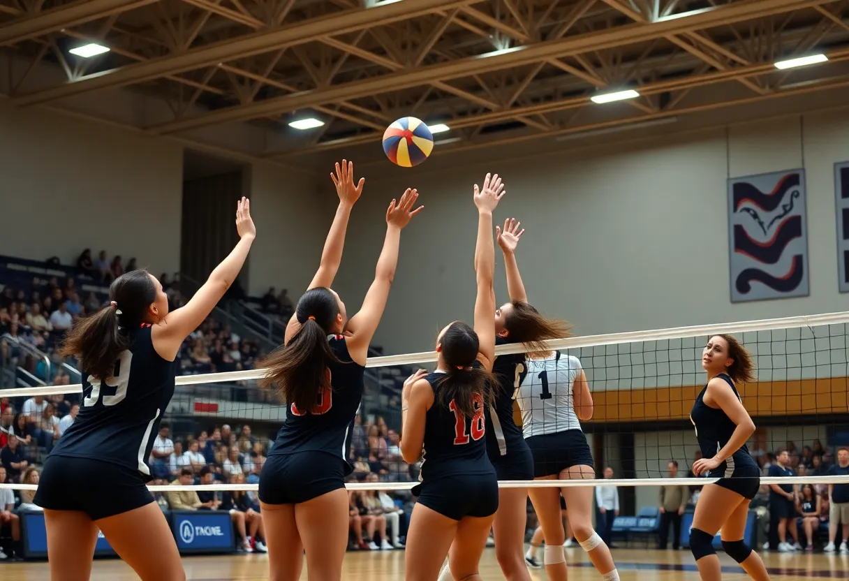 Augusta University volleyball players in a competitive match.