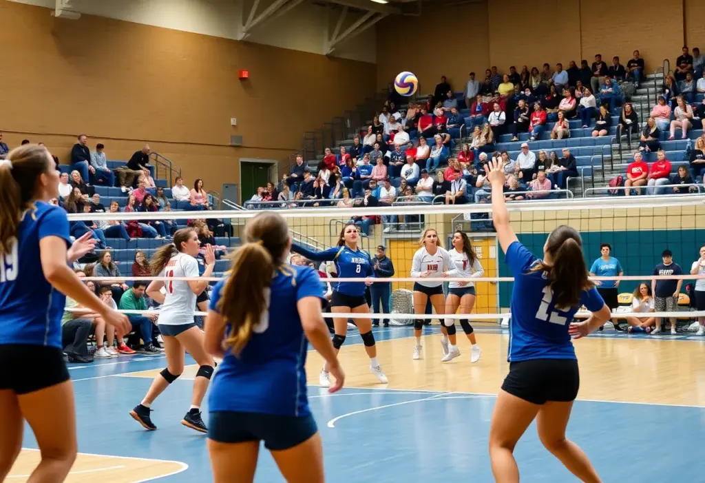 Volleyball players from Augusta University in action during a match.