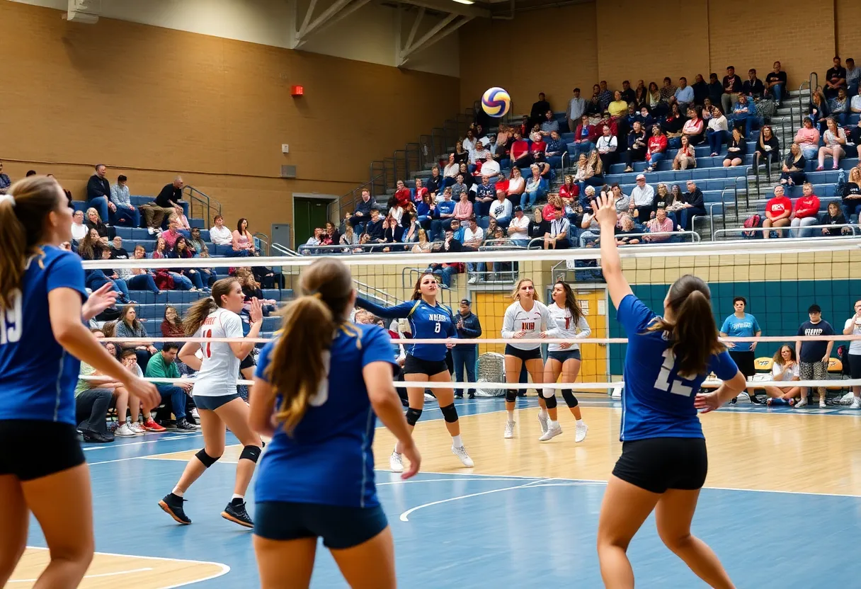 Volleyball players from Augusta University in action during a match.