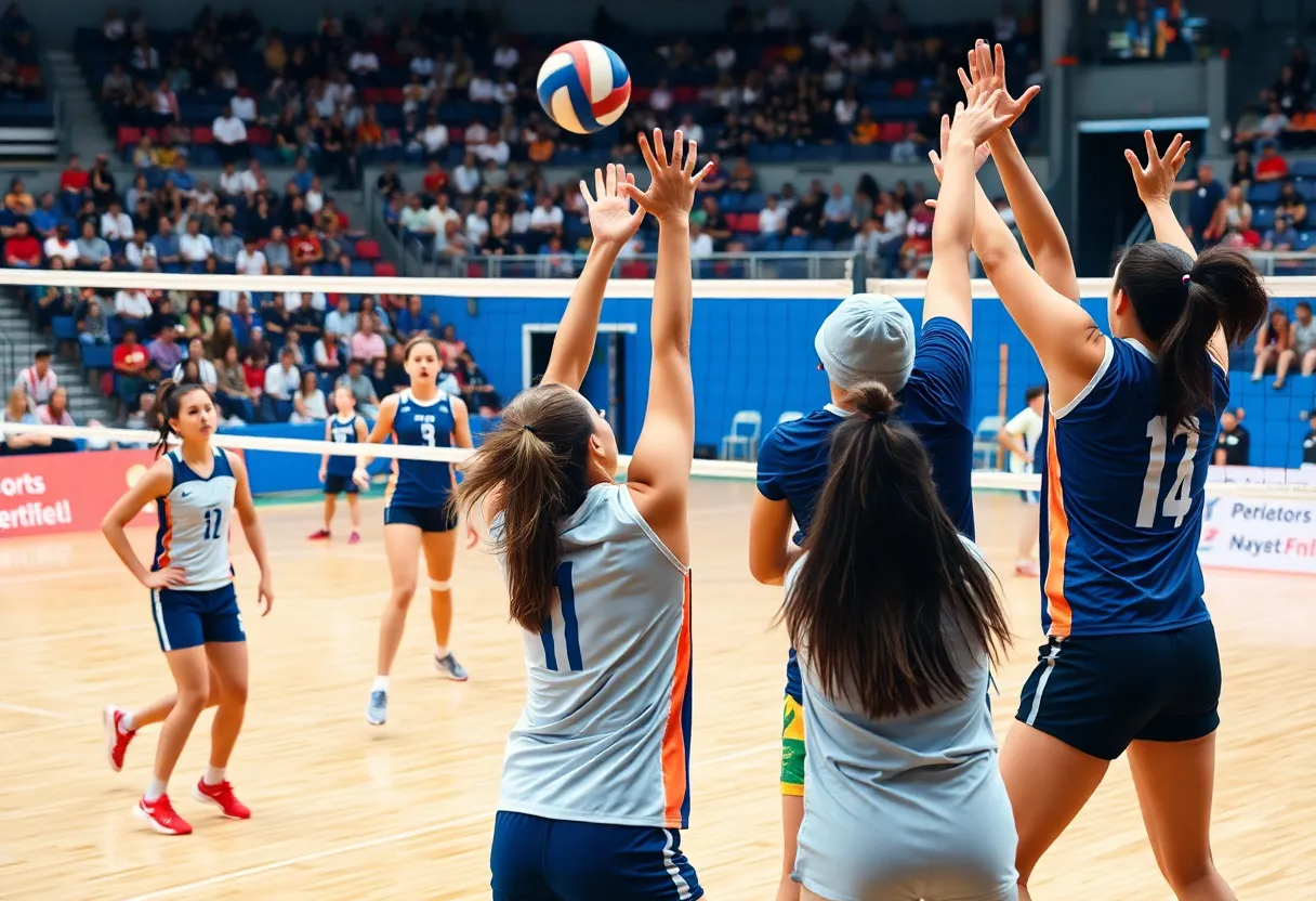 Augusta volleyball players competing in a match