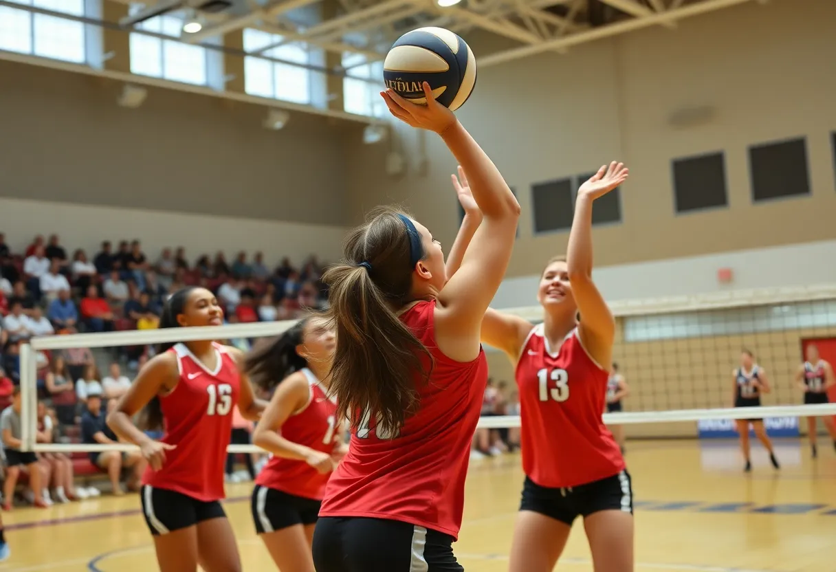 Augusta volleyball players in action during a match.