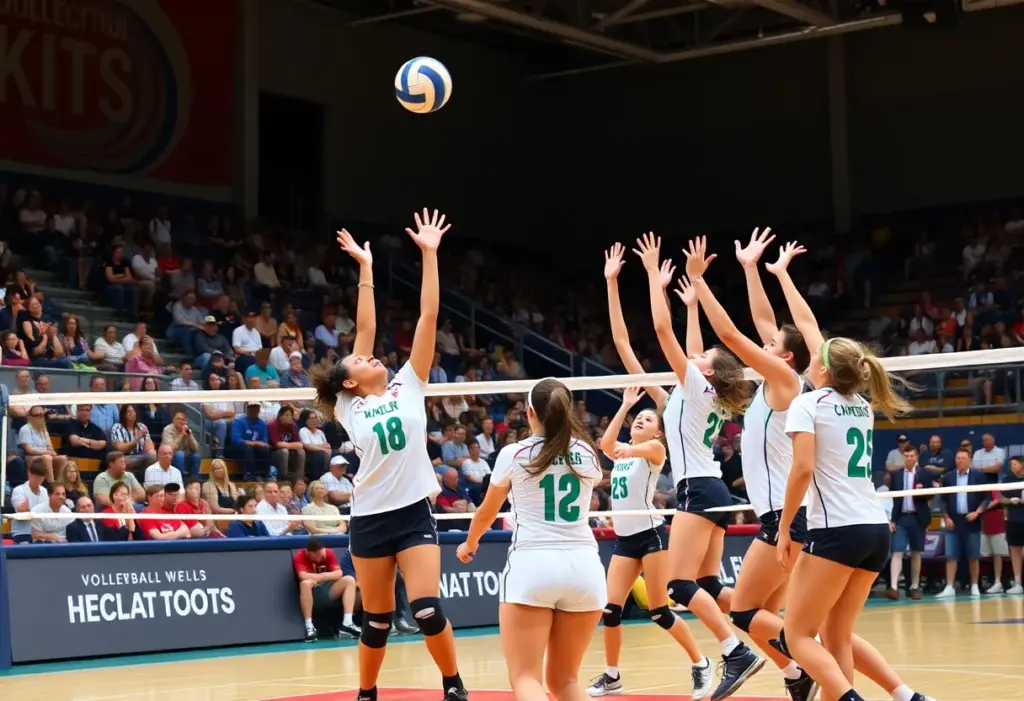 Augusta volleyball players competing in a match