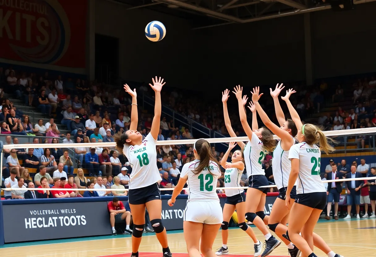 Augusta volleyball players competing in a match