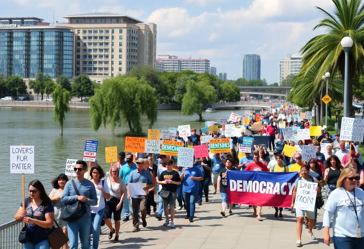 Participants marching in Augusta protest for democracy