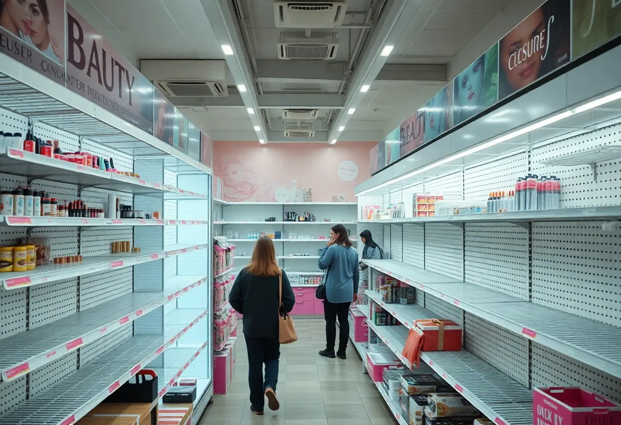Empty beauty supply store shelves highlighting operational issues.
